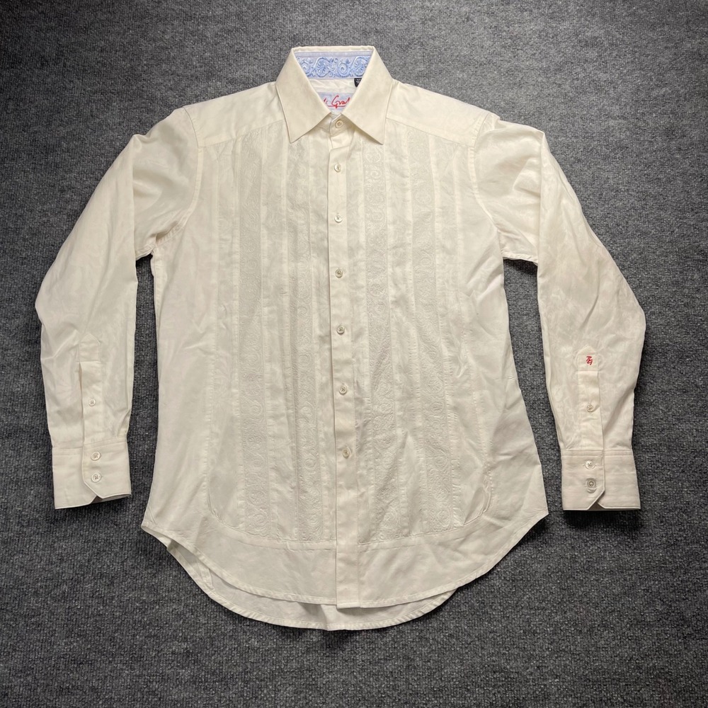 Robert Graham Mens Small Cream Jacquard Floral Embroidered Button Down Shirt
